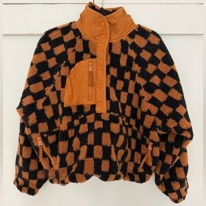 Free People Movement Checkered Black and Orange Fleece Jacket